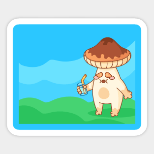 Tired Thirsty Mushroom With a Glass Of Water With Background Sticker